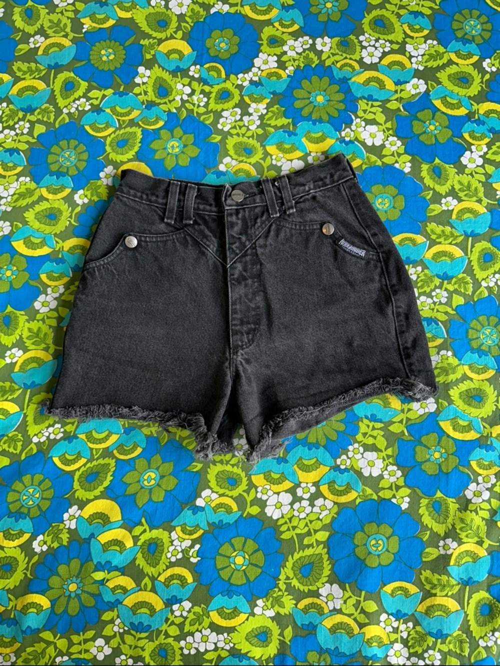Vtg 90s ROUGHRIDER CIRCLE T denim Cut Off Jean Shorts Vintage Black Cutoffs